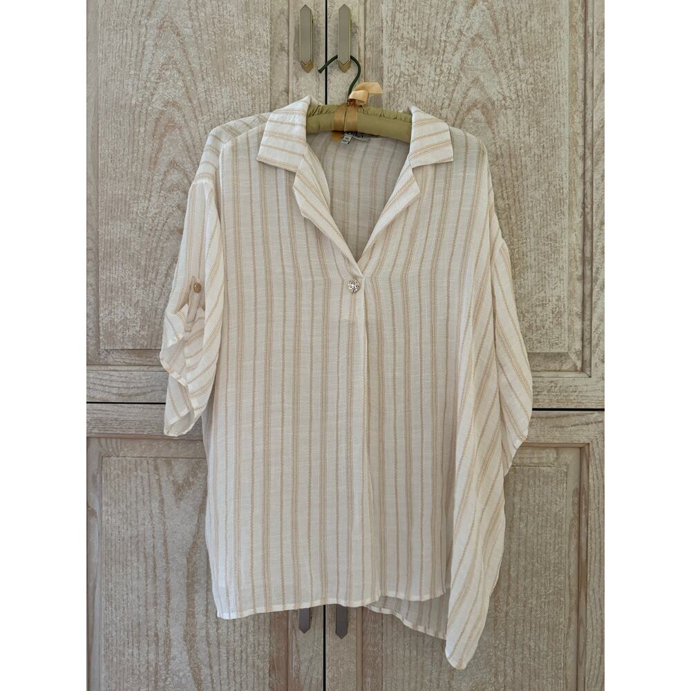 LOVE83 Collard Sheer Stripped Light Weight Shirt with Gold Buttons